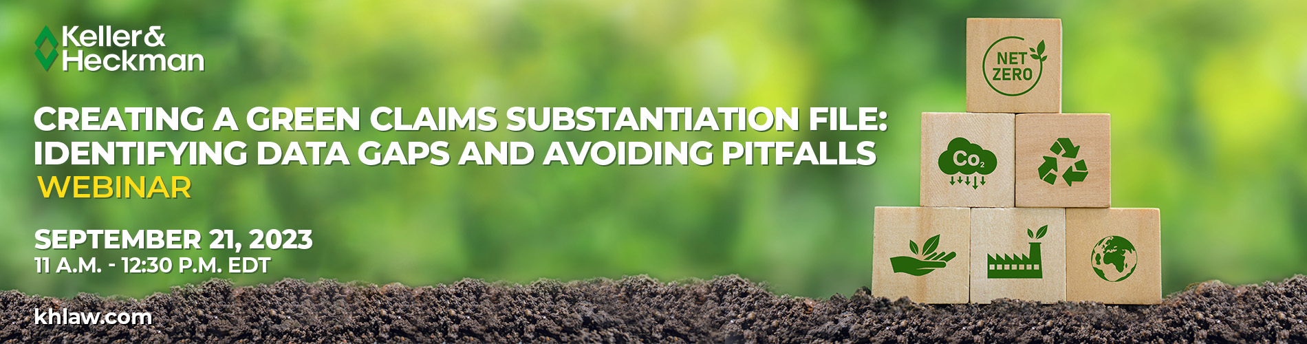 Banner to advertise webinar "Creating a Green Claims Substantiation File" with imagery of cardboard boxes detailed with recycling and green iconography
